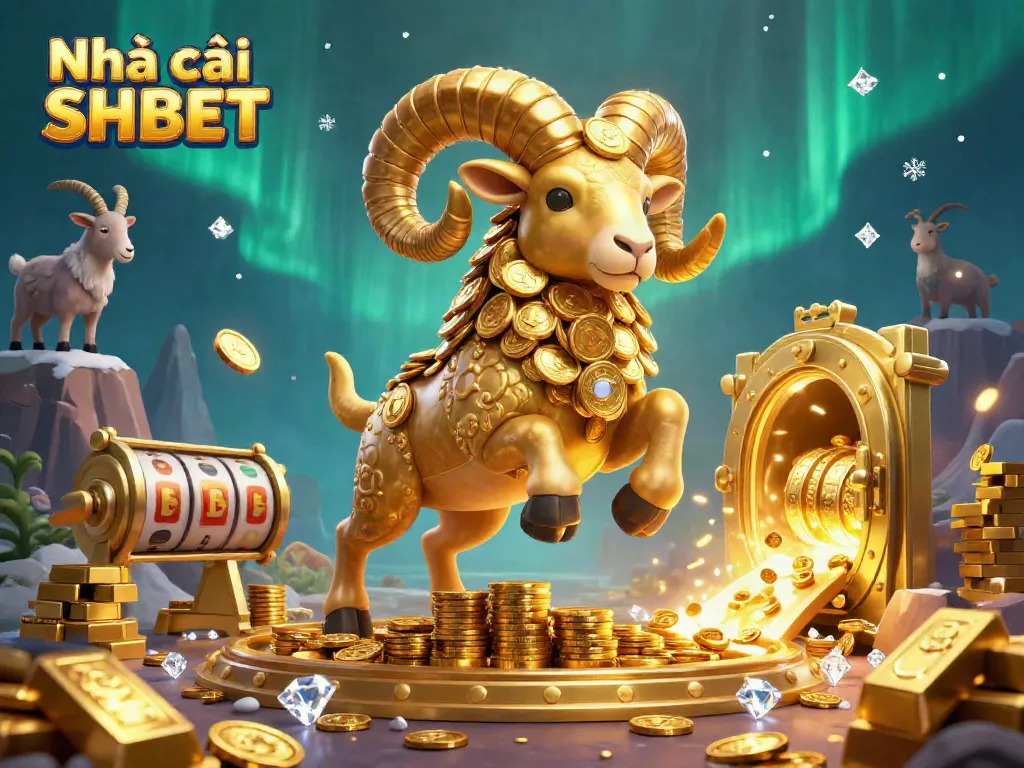 Experience exhilarating wins at Nhà cái SHBET with vibrant 3D casino visuals of golden treasures and gaming action.