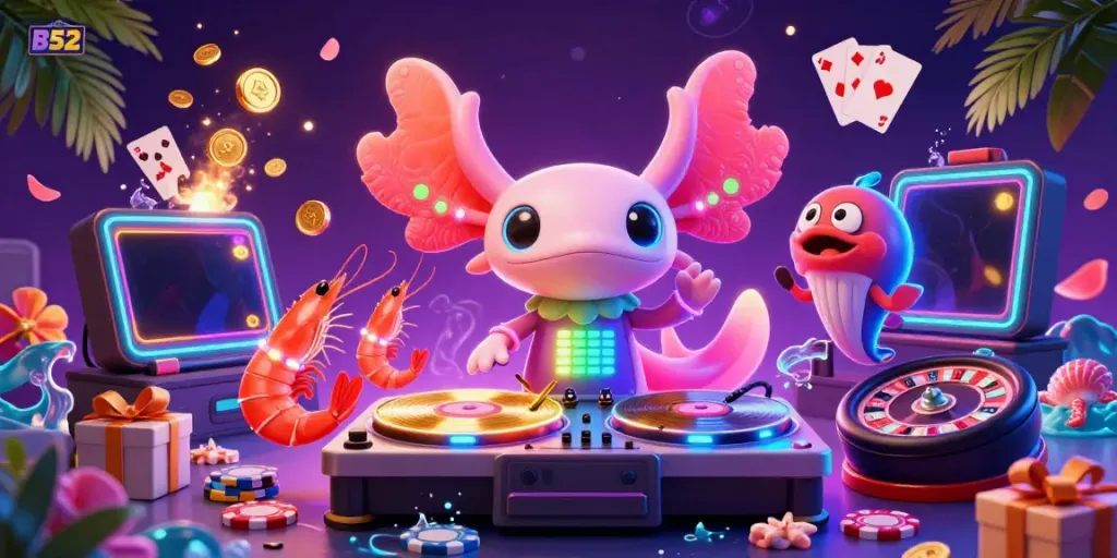 B52 spins vibrant slot games with energetic casino-themed characters in a colorful underwater scene.