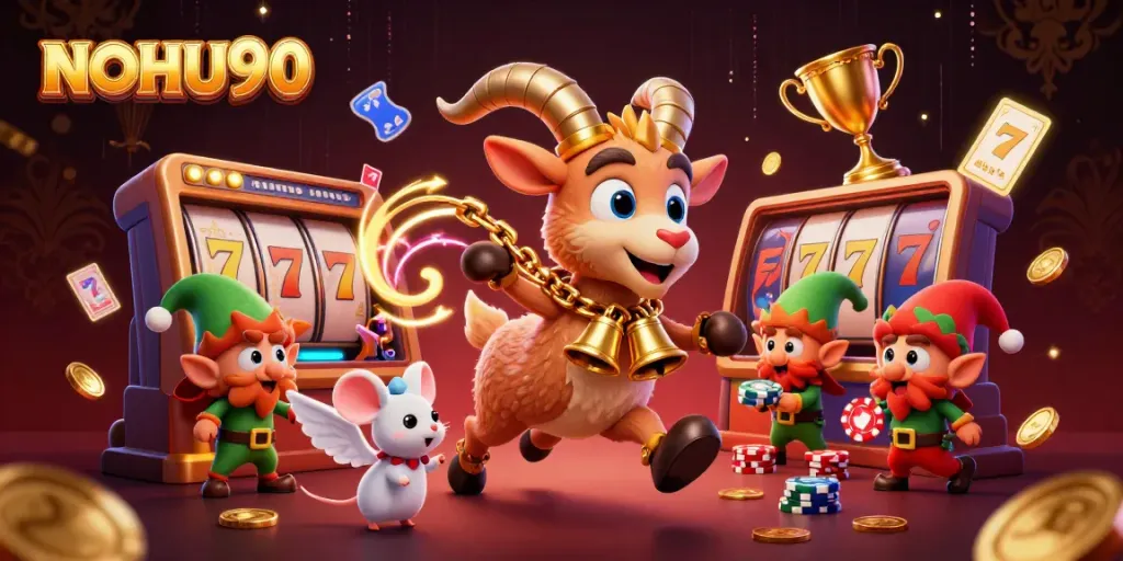 NOHU90 Casino illustration showcasing Krampus in a festive casino with slot reels and dynamic gold elements.