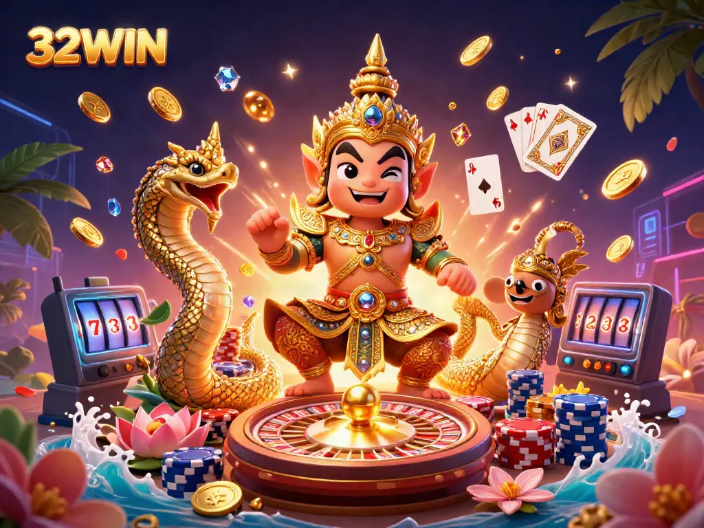 Engaging 3D illustration showcasing 32WIN with a Thai guardian and casino elements, perfect for gaming enthusiasts.