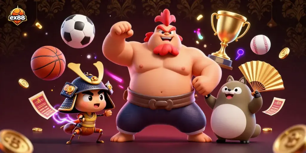 Experience ex88 action with powerful characters and dynamic sports elements in this vibrant casino scene.