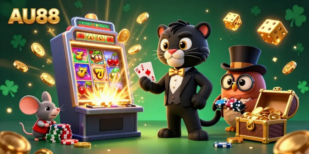 Join the excitement at AU88 casino with a stylish black panther dealer, a wise owl, and a lucky mouse amidst a jackpot explosion.