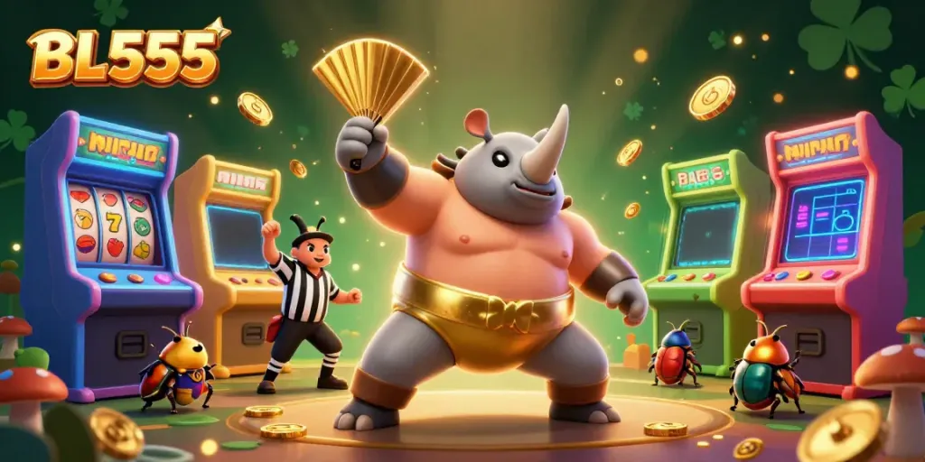 Experience the exciting action at BL555 with a cartoon beetle champion amidst a lively arcade scene.