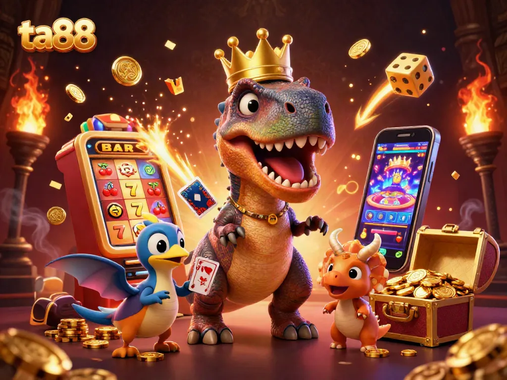Experience thrilling casino adventures with ta88, featuring a cartoon T-Rex playing cards and vibrant slot machines.