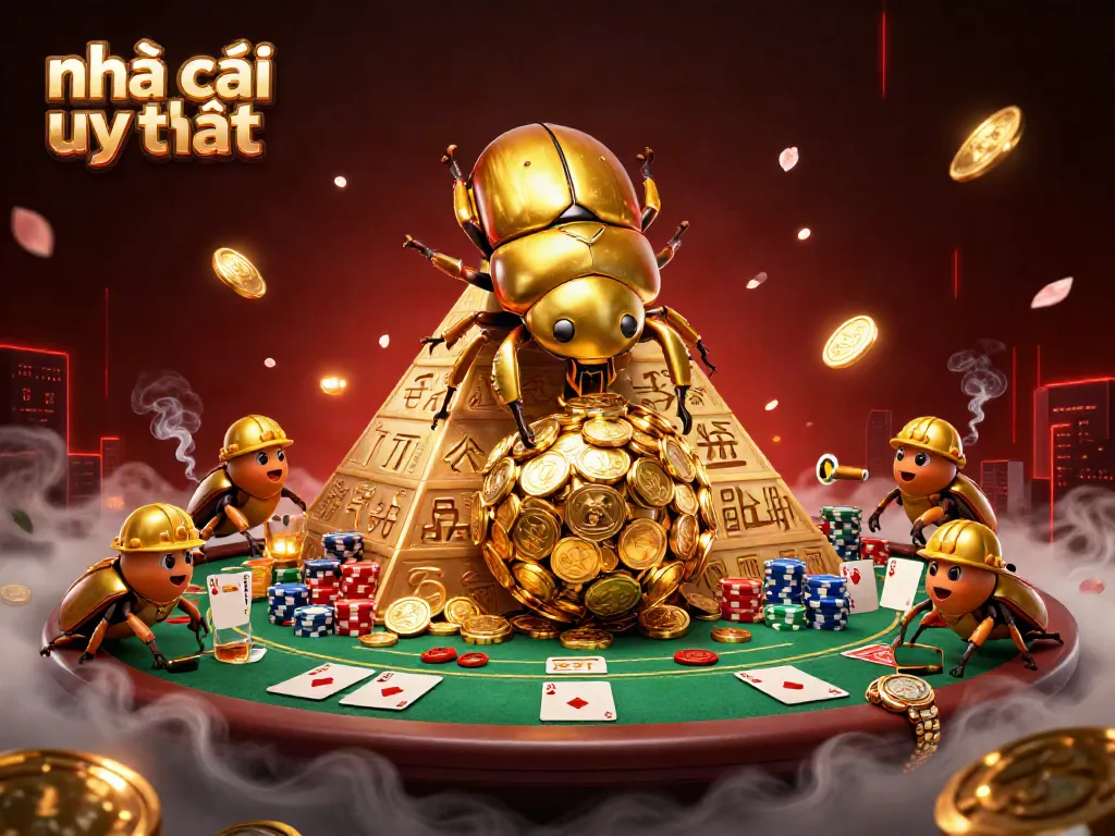 Engage with the nhà cái uy tín by witnessing massive beetles rolling golden coins among casino symbols.