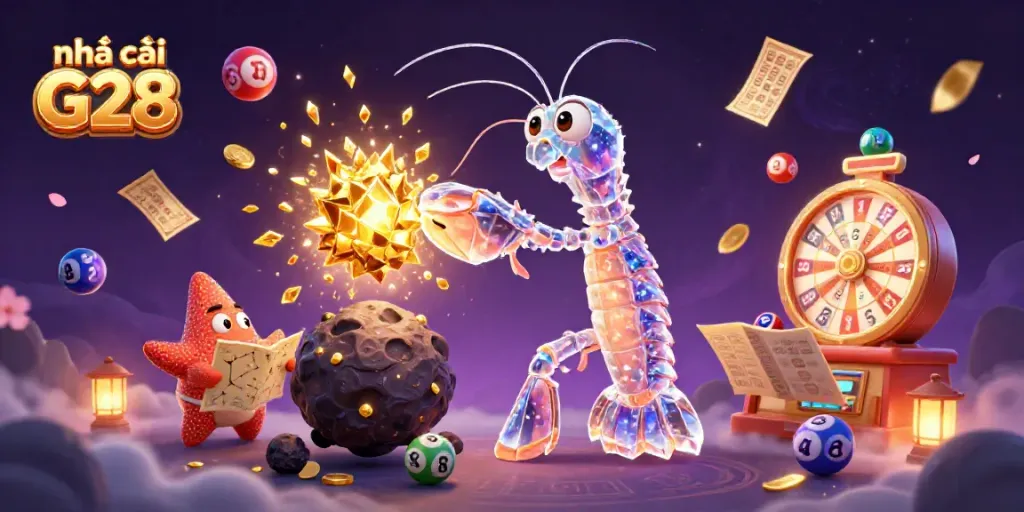 Engaging illustration of nhà cái G28 featuring vibrant lottery elements, samurai shrimp, and a starfish in dynamic action.