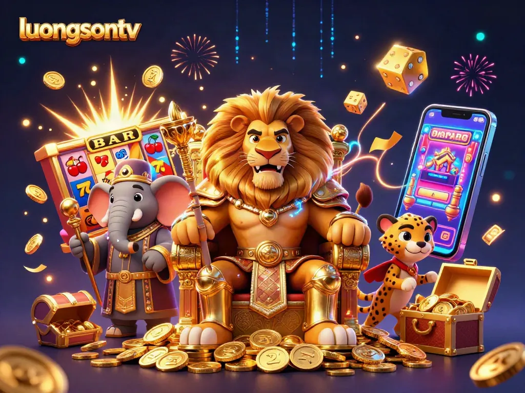 Win big with luongsontv in this vibrant 3D casino scene, featuring a lion king, elephant advisor, and cheetah messenger!