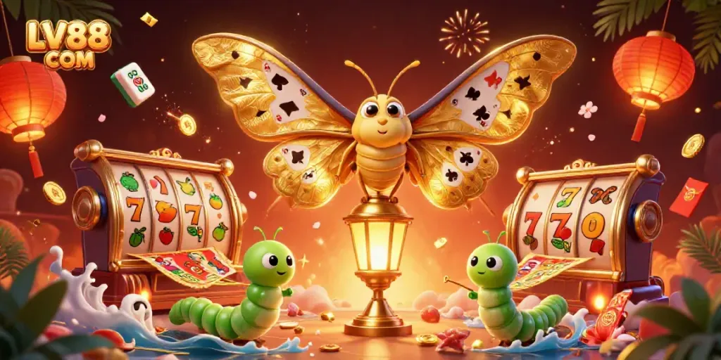 Engage with LV88 COM in vibrant casino-themed art showcasing animated characters and game symbols.