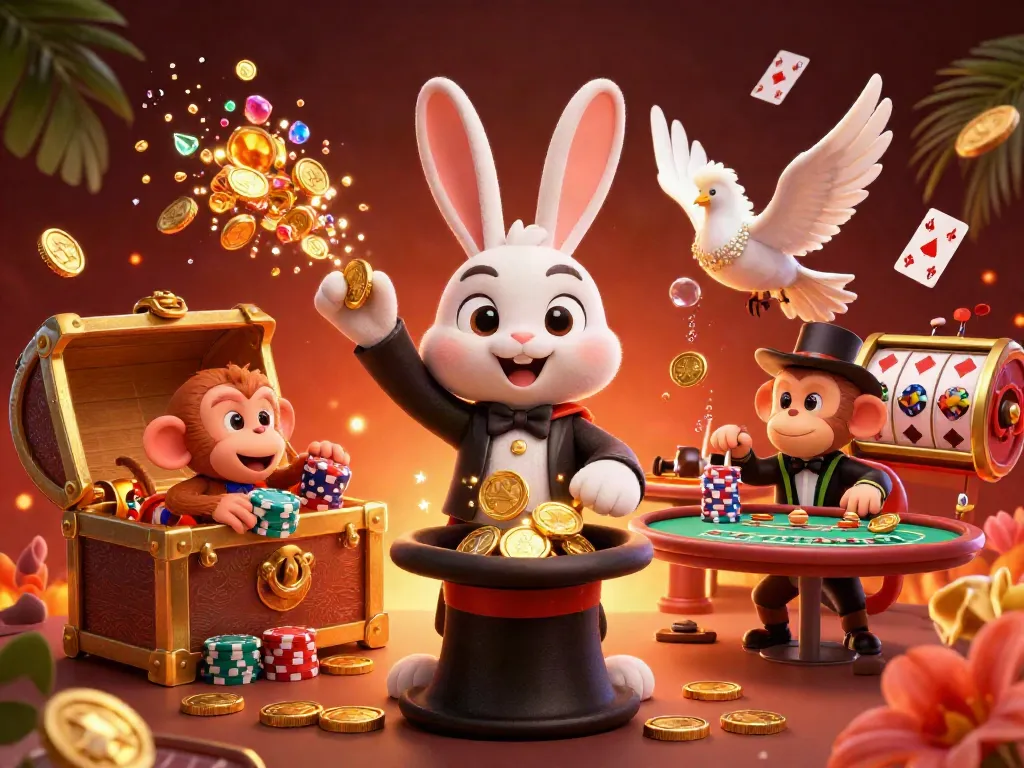 Experience the magic of rikvip5 with a rabbit pulling coins, floating playing cards, and casino elements.