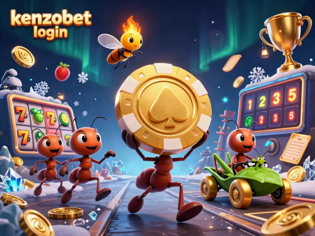 Experience thrilling action at kenzobet login with cartoon ants engaging in a gaming heist.