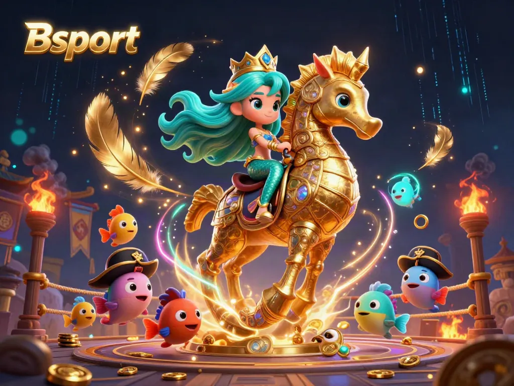 Experience the vibrant energy of Bsport with a dynamic 3D illustration of a mermaid princess and seahorse in a casino setting.