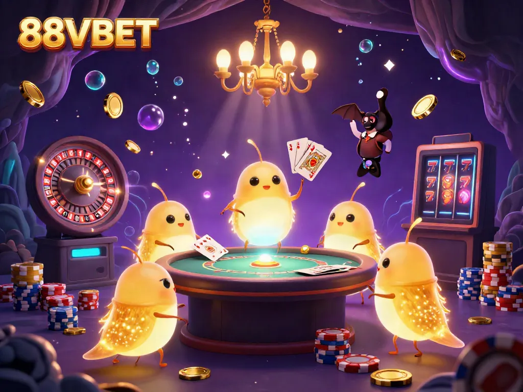 Experience the vibrant glow of 88VBET's casino scene with bioluminescent glowworms and dynamic game elements.