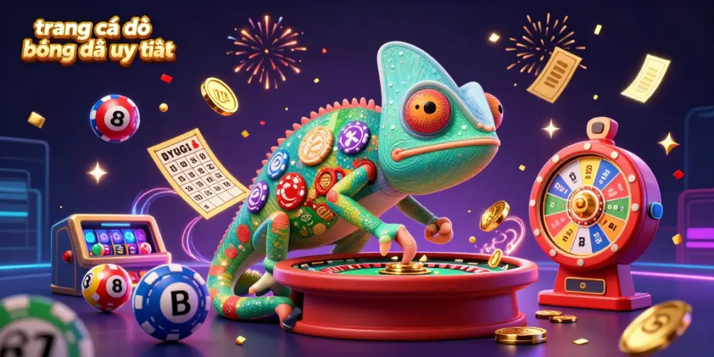engaging illustration featuring trang cá độ bóng đá uy tín with chameleon casino owner and dynamic lottery elements