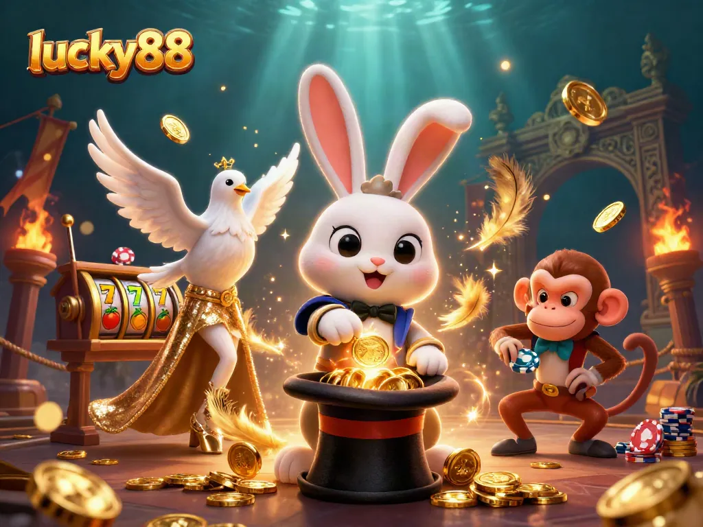 Experience the excitement of lucky88 with a whimsical scene of a magician rabbit, dove, and monkey amidst slot reels and golden coins.