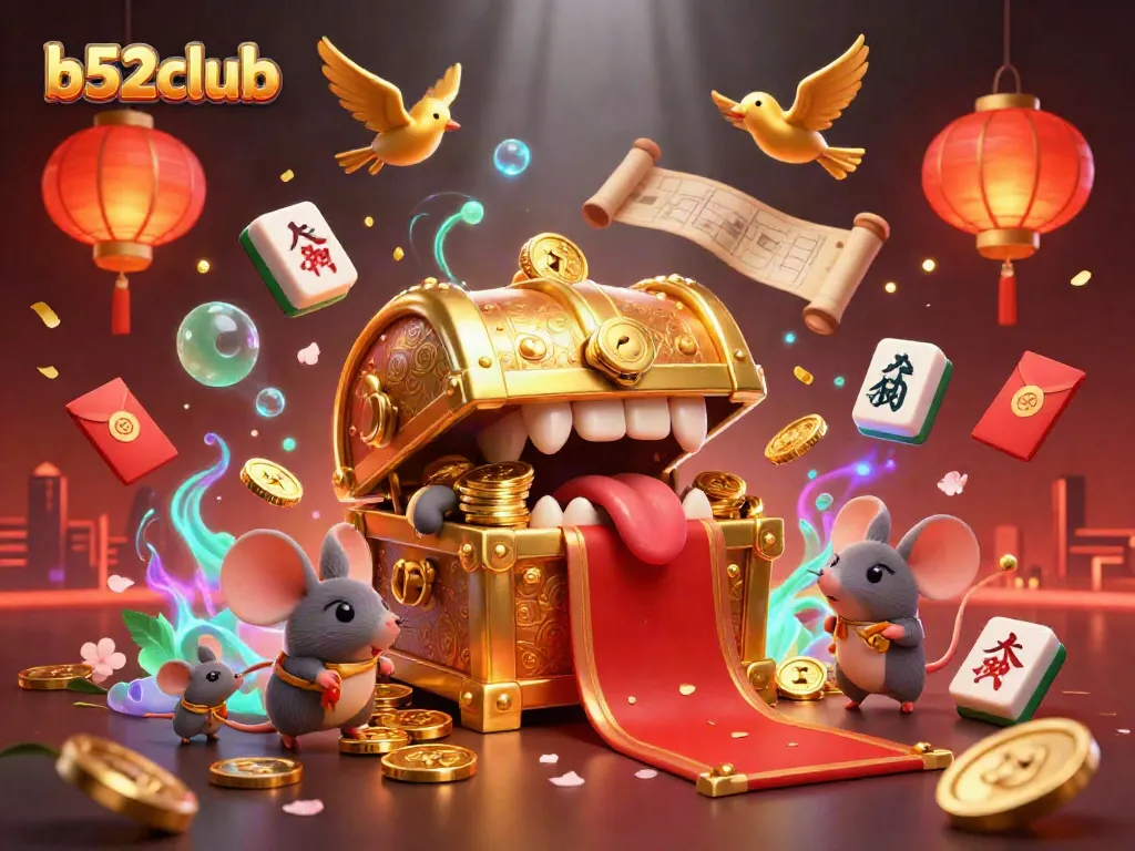 Experience the excitement of b52club with treasure-filled adventures and vibrant gaming elements in a 3D digital scene.