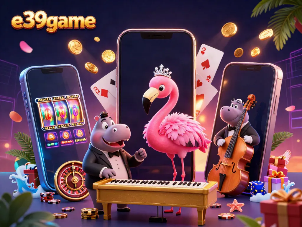 E39game showcases a vibrant online casino scene with animated characters and dynamic gaming elements.