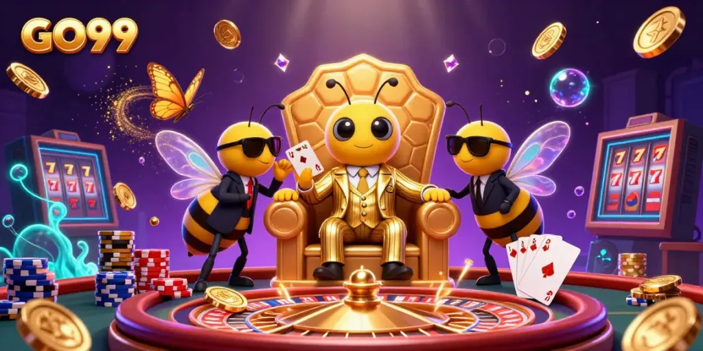 Experience the thrill of GO99 with vibrant casino elements and the animated bumblebee mob boss.