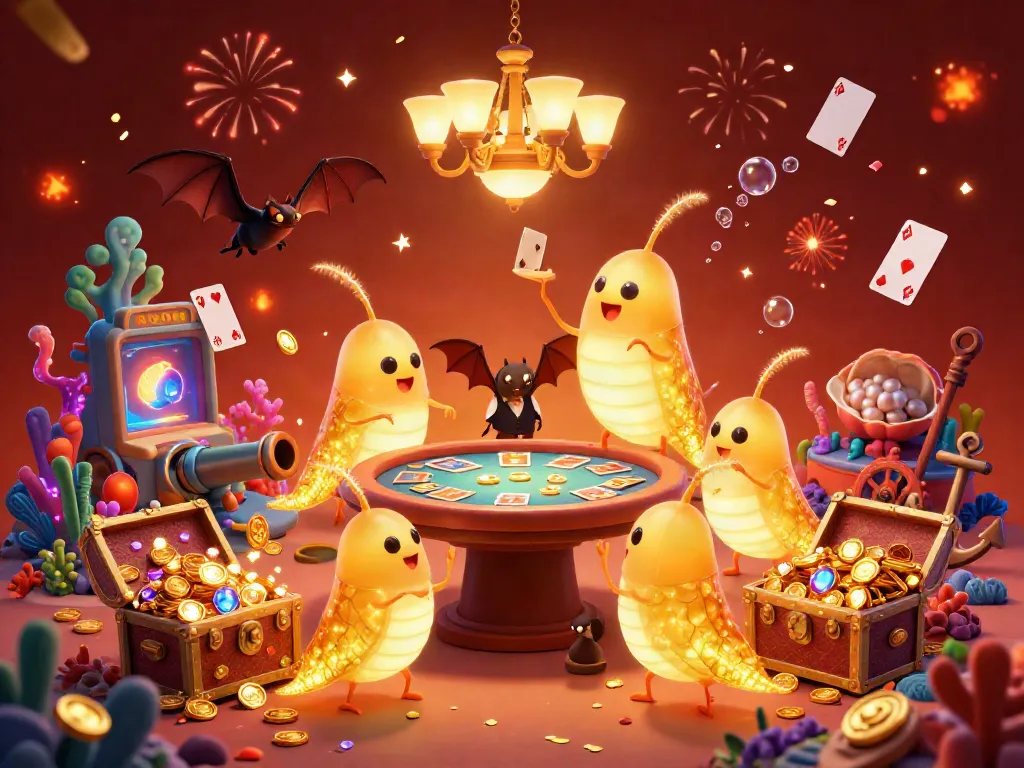 Join the fun at 789win's exhilarating casino with glowing glowworms lighting the game tables, enhancing the gaming atmosphere.