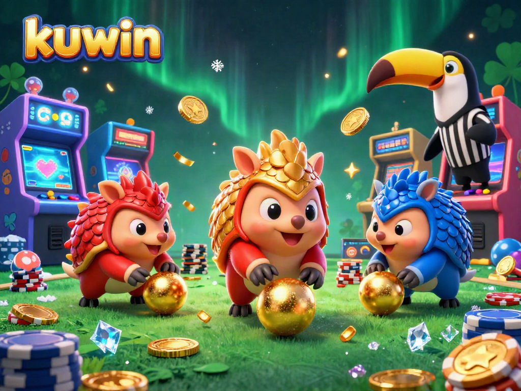 kuwin pangolins bowling with poker chips in 3D digital casino illustration