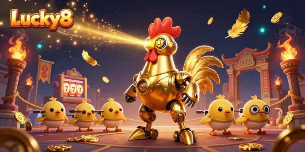 Experience thrilling gameplay at Lucky8 with vibrant slot machines and an engaging animated scene.
