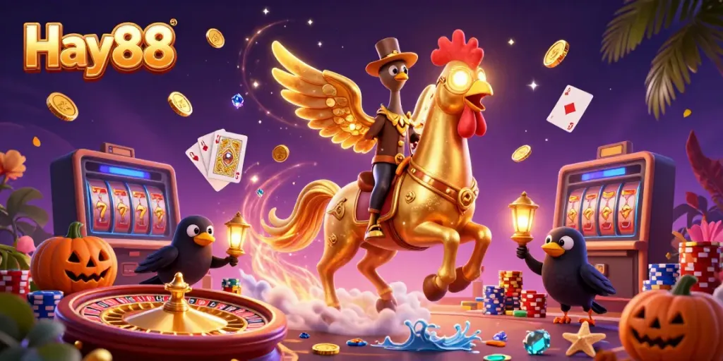 Experience excitement with Hay88, featuring a golden rooster in a casino surrounded by dynamic game elements.