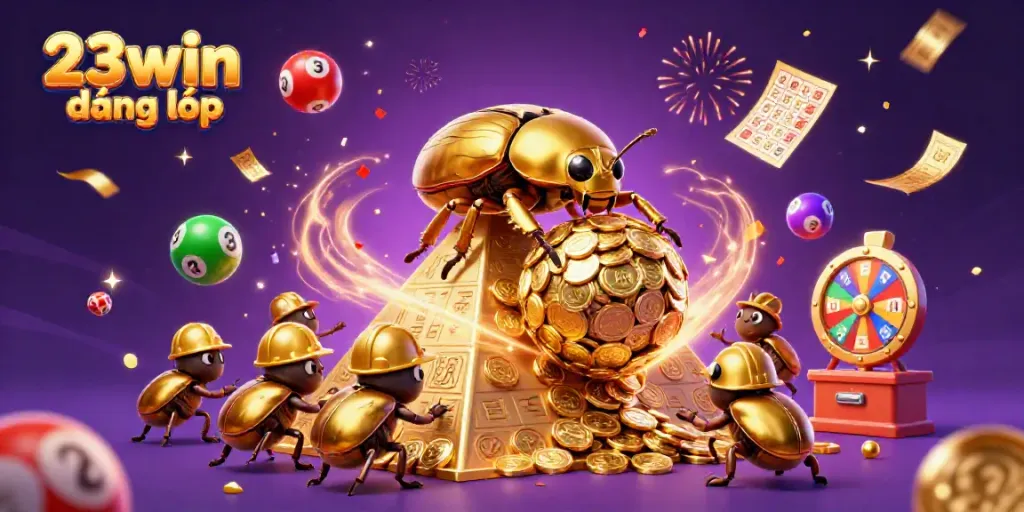 Engage with 23win đăng nhập by witnessing a vibrant 3D scene filled with colorful casino elements.
