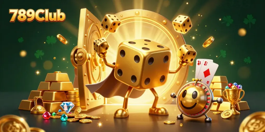 Experience thrilling gaming moments at 789Club with golden dice, dynamic visuals, and casino treasures.