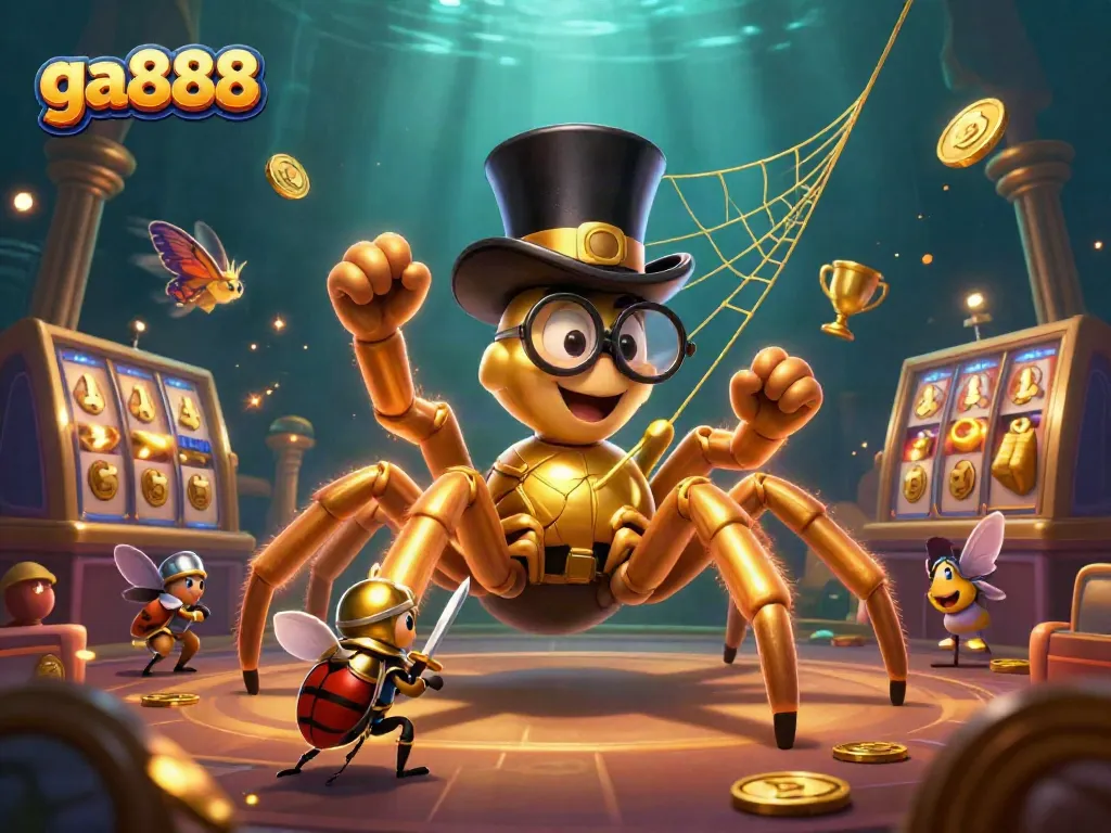 Engage with ga888's dynamic casino scene featuring a golden tarantula and beetle knight among spinning slot reels.