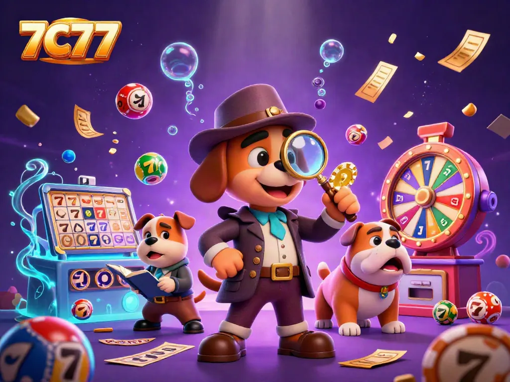 7C77 gaming scene featuring a detective and companion searching for clues among playful casino elements.