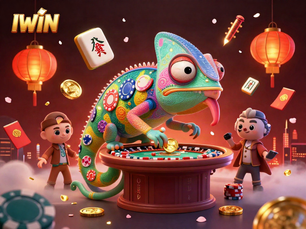 IWIN brings excitement with a colorful chameleon casino owner surrounded by vibrant gaming elements.