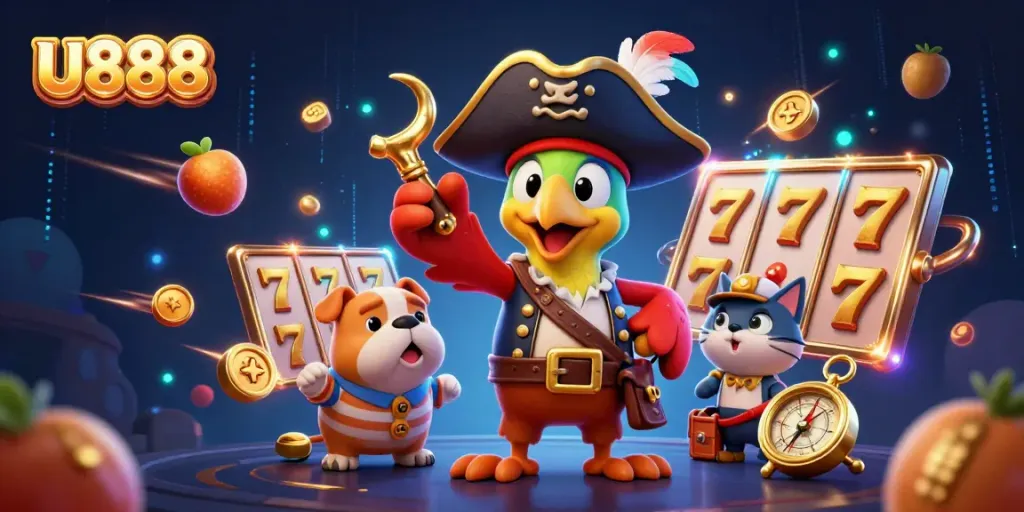 Experience U888's thrilling slot games with captivating characters and vibrant casino elements.