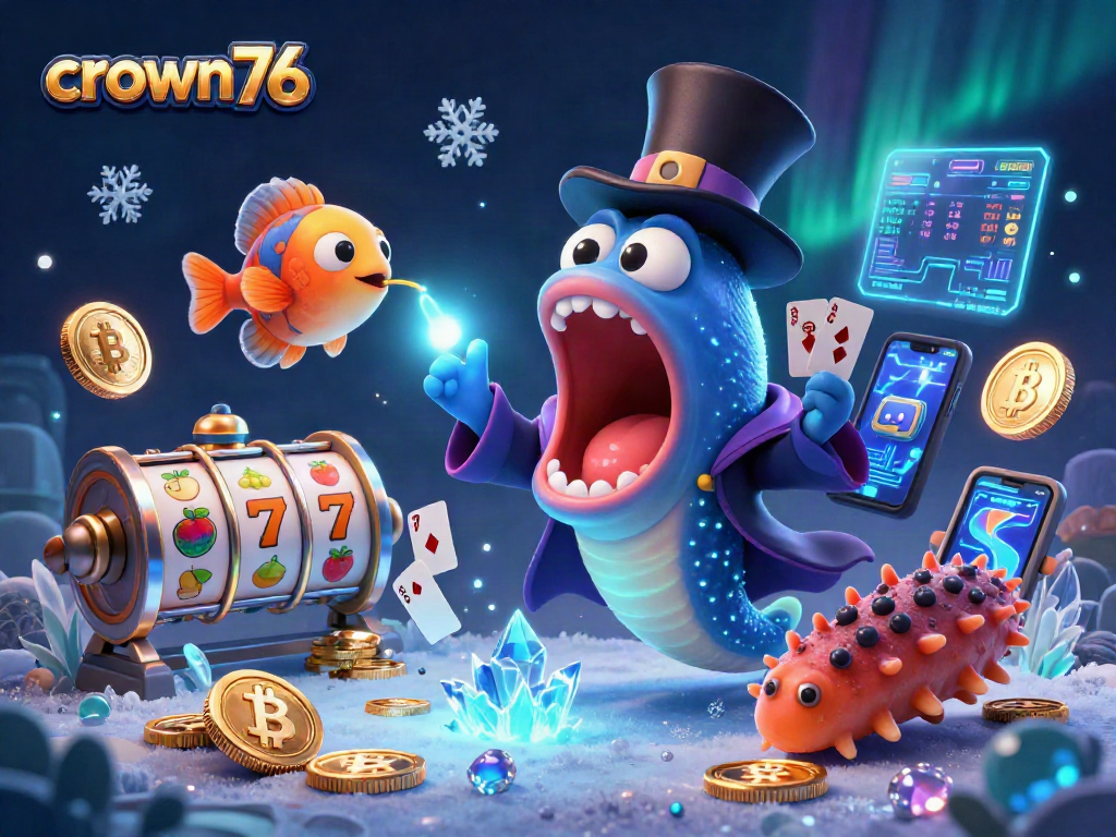 Crown76 showcases a magical casino scene with a bioluminescent eel performing card tricks among vibrant slot symbols.