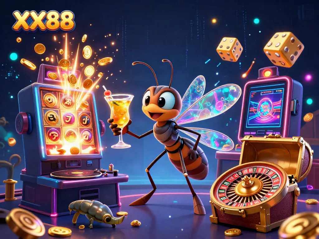 Experience the thrill of XX88 with vibrant casino elements and 3D characters in a captivating scene.
