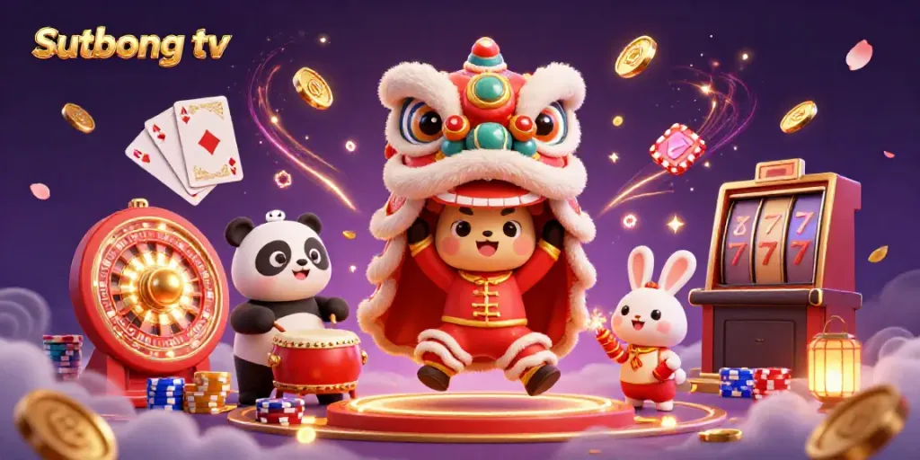 Sutbong tv presents an engaging 3D cartoon-like illustration of a vibrant Chinese New Year lion dance scene with casino elements.