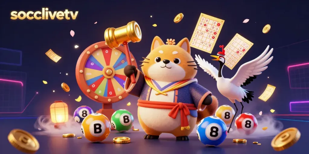 Experience thrilling action with socolivetv's dynamic gambling scene featuring 3D cartoon tanuki and colorful lottery elements.