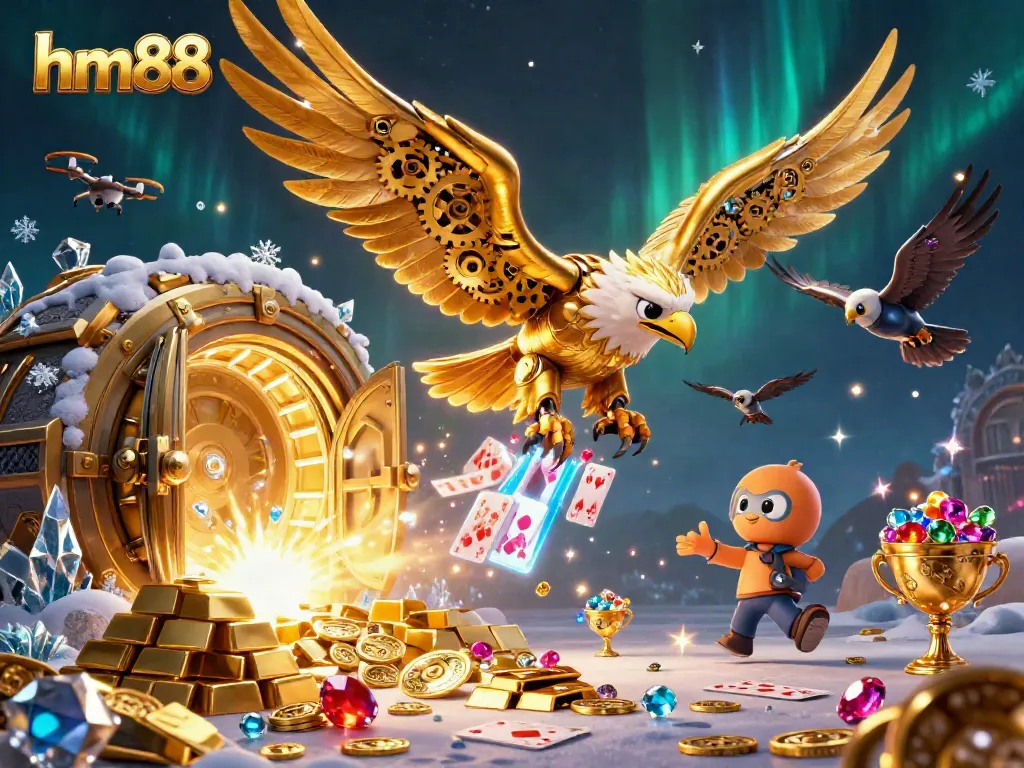 Experience thrilling gambling with hm88, featuring a golden eagle amidst holographic cards and treasure vaults.