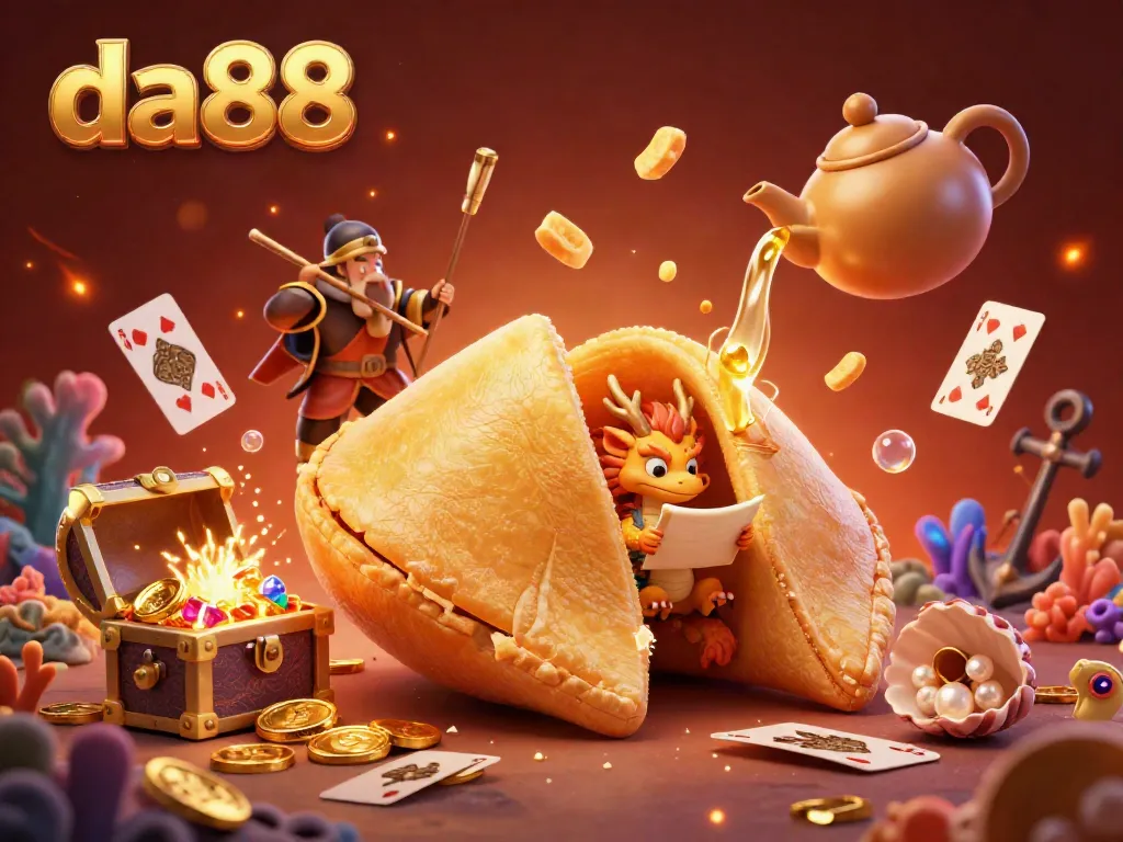Experience the exciting world of da88 with a vibrant 3D scene featuring a golden fortune cookie, wise dragon, and treasure elements.