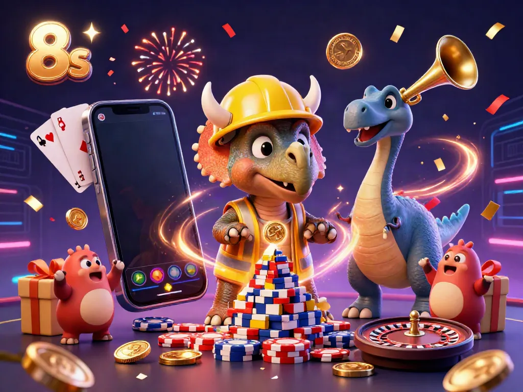 8s casino scene where a triceratops builds a poker chip pyramid while excited companions celebrate amidst vibrant gaming elements.