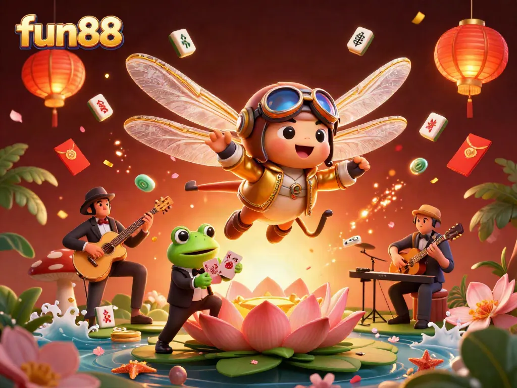 Experience the thrill of fun88 with a vibrant casino scene featuring a dragonfly pilot and frog croupier.