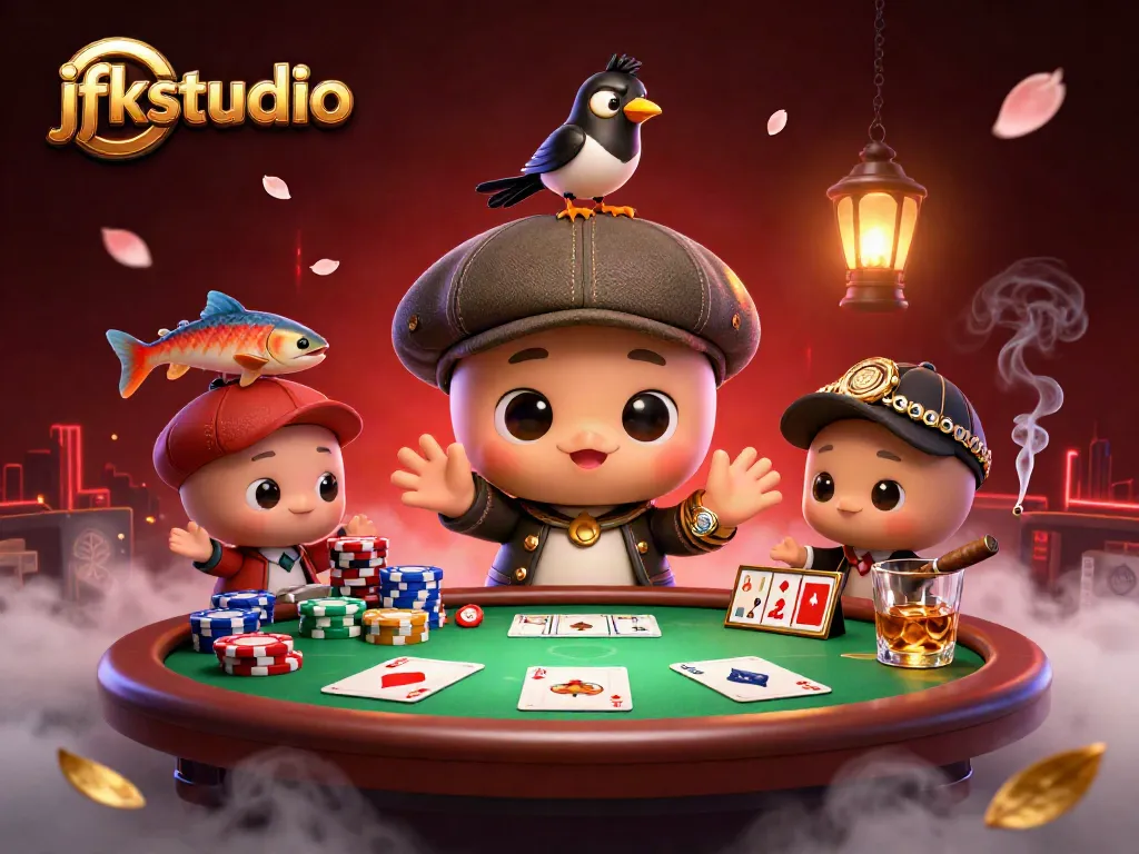 Engage with jfkstudio's vibrant poker scene featuring a playful Nessie and friends amid casino elements.