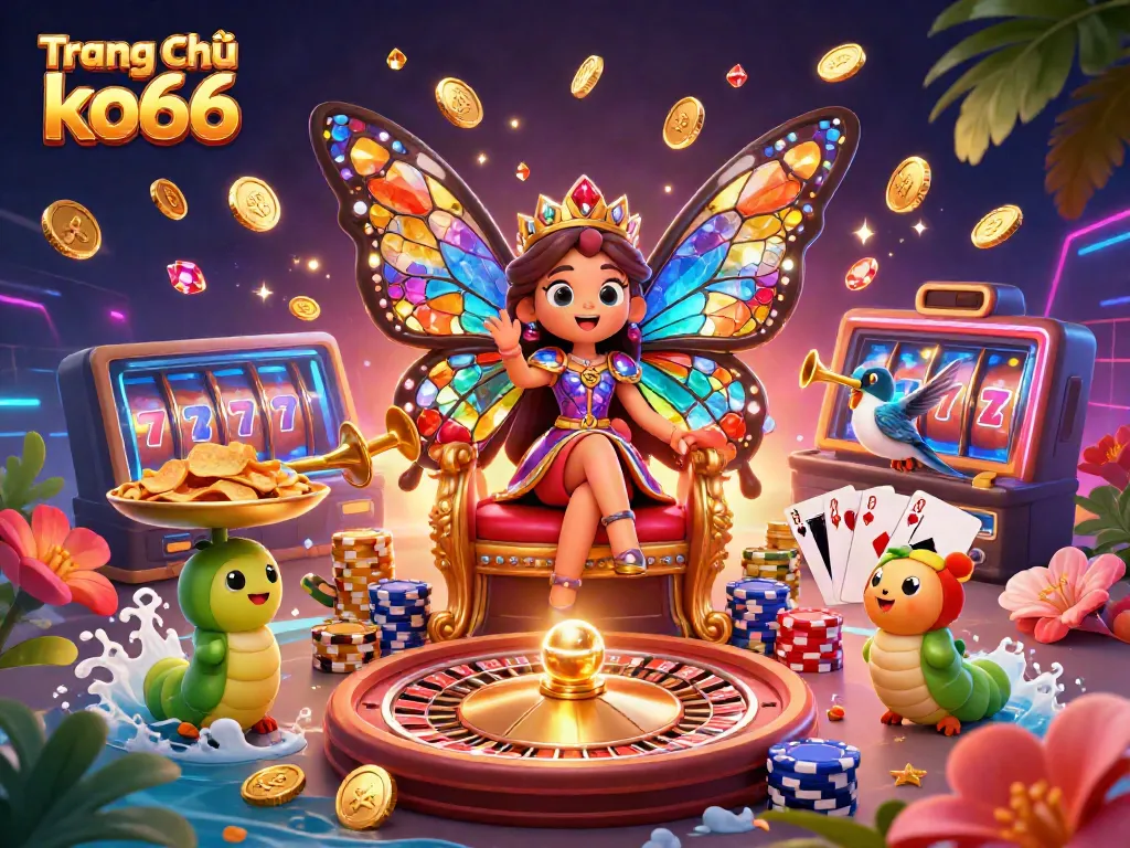 Experience thrilling gaming action at Trang chủ ko66 with a vibrant 3D illustration showcasing exciting casino elements.