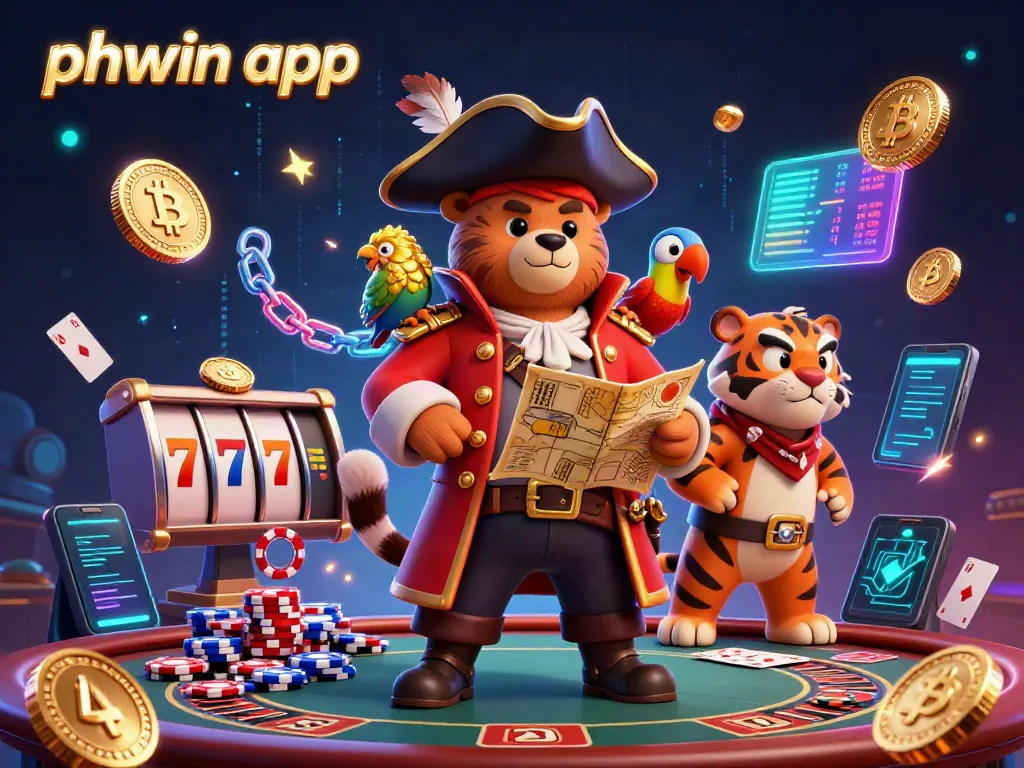 Engage with PHWIN app's thrilling gaming experience featuring vibrant 3D characters and casino elements.