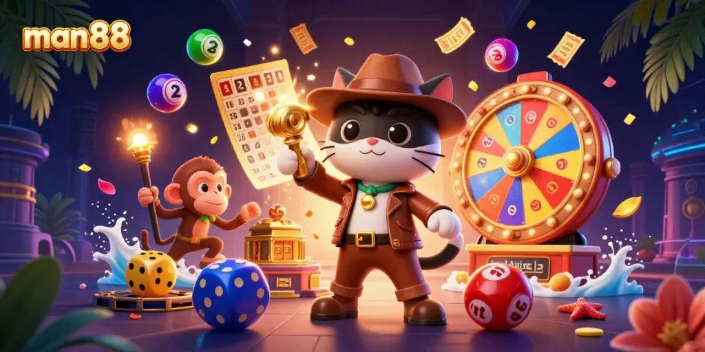 Experience man88's vibrant casino world through a playful 3D illustration of an explorer cat with dynamic lottery balls and golden artifacts.