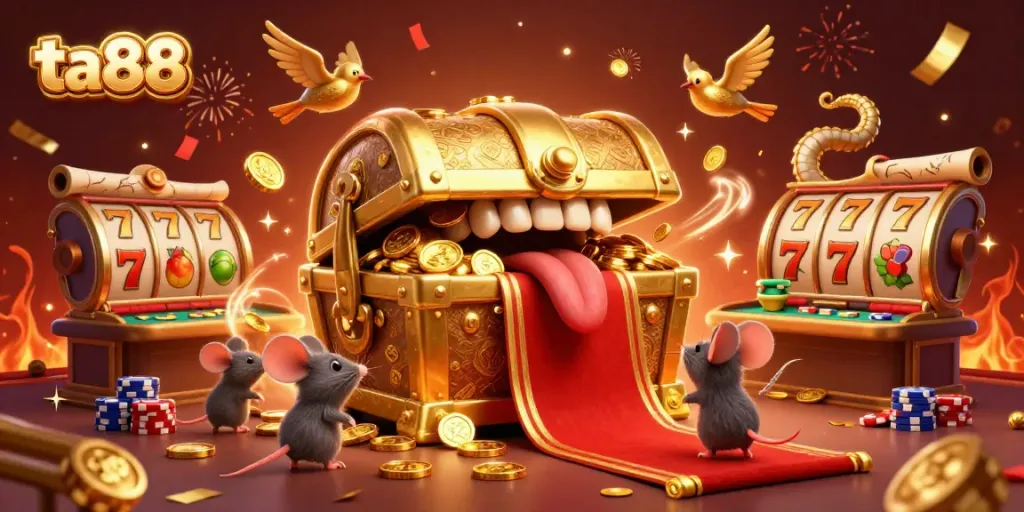 Engage with ta88's vibrant 3D casino scene showcasing a golden treasure chest and dynamic game elements.