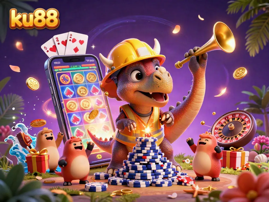 Experience the thrill of the ku88 casino with dynamic gaming illustrations, poker chips, and exciting characters.
