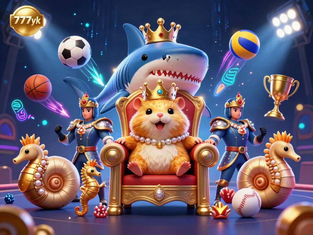 Experience the thrilling casino adventure with the vibrant king of 777yk surrounded by seahorse guards and dynamic sports elements.