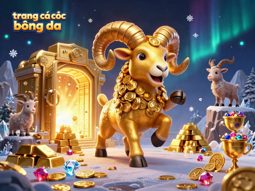 Engage with trang cá cược bóng đá featuring a dynamic 3D scene of a golden ram and treasure elements.