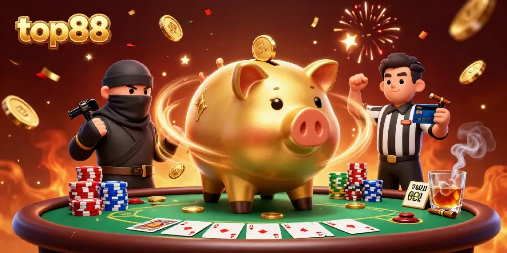 Win big with top88 in this vibrant casino scene featuring animated characters and rich game elements.