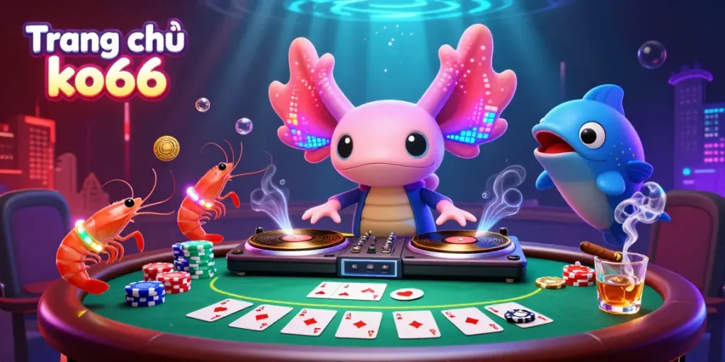 Experience the vibrant underwater world of Trang chủ ko66 with a neon axolotl DJ and poker elements.
