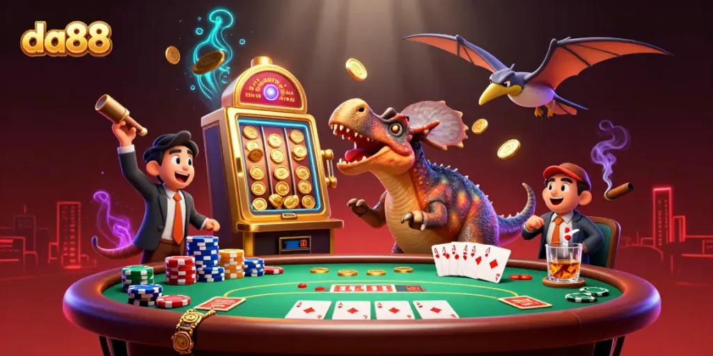 Experience thrilling jackpots at da88 with playful characters in an exciting casino scene.